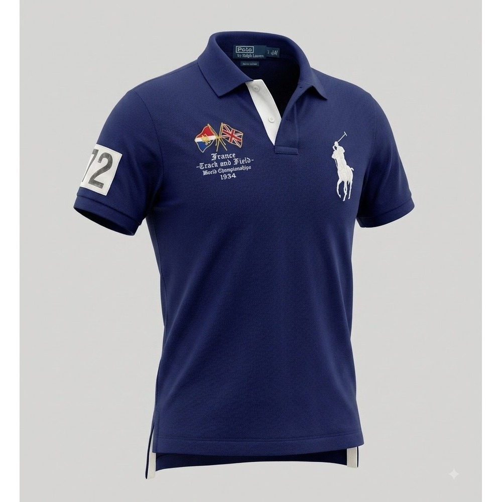 Polo Ralph Lauren Vintage Men's Blue France Big White Pony Polo Shirt. Size L